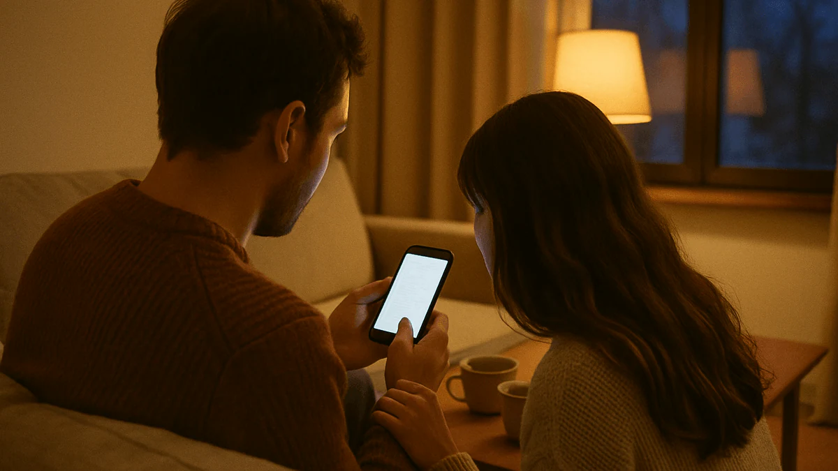 A couple on a sofa in the evening reading a holiday itinerary together on a smartphone, with cups of tea on the table