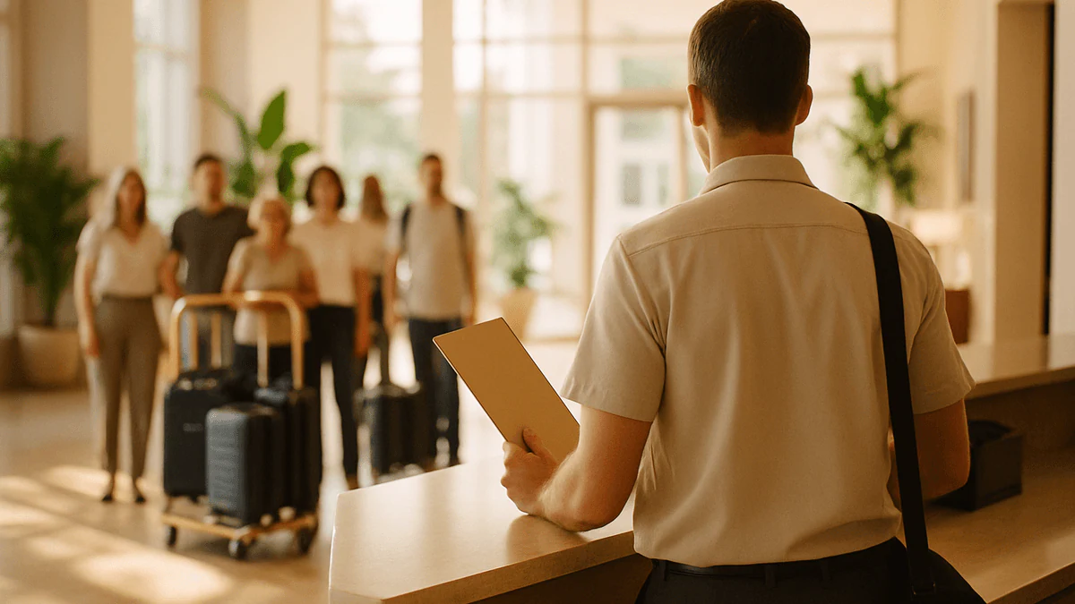 A tour leader at a hotel reception desk checking in a tour group, with travellers and their suitcases waiting in a bright hotel lobby