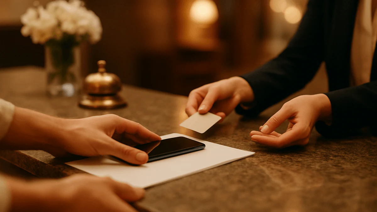 A guest checking in at a hotel reception desk with a phone and a printed travel voucher while the receptionist hands over a room key card