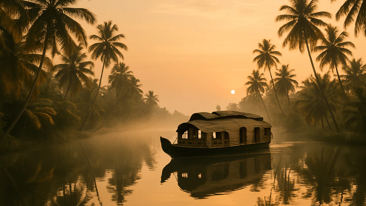 A traditional Kerala houseboat on a misty palm-fringed canal near Alleppey at dawn, the kind of day photograph that sells a travel itinerary