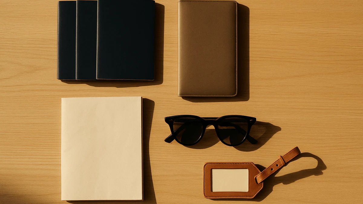 Passports, a travel document wallet, a printed itinerary, sunglasses and a luggage tag laid out on a desk, ready for departure