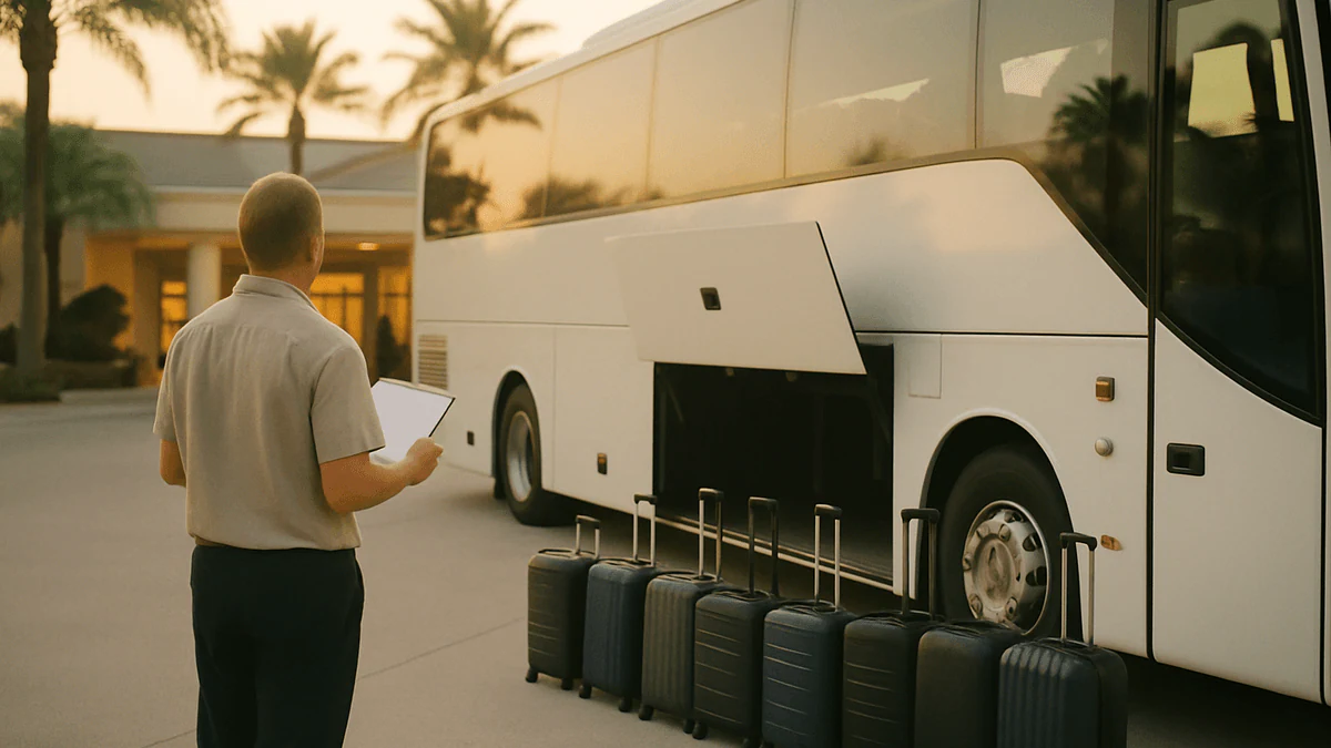 A tour leader with a clipboard beside a white touring coach at dawn, suitcases lined up by the open luggage hold for a tour operator’s group departure