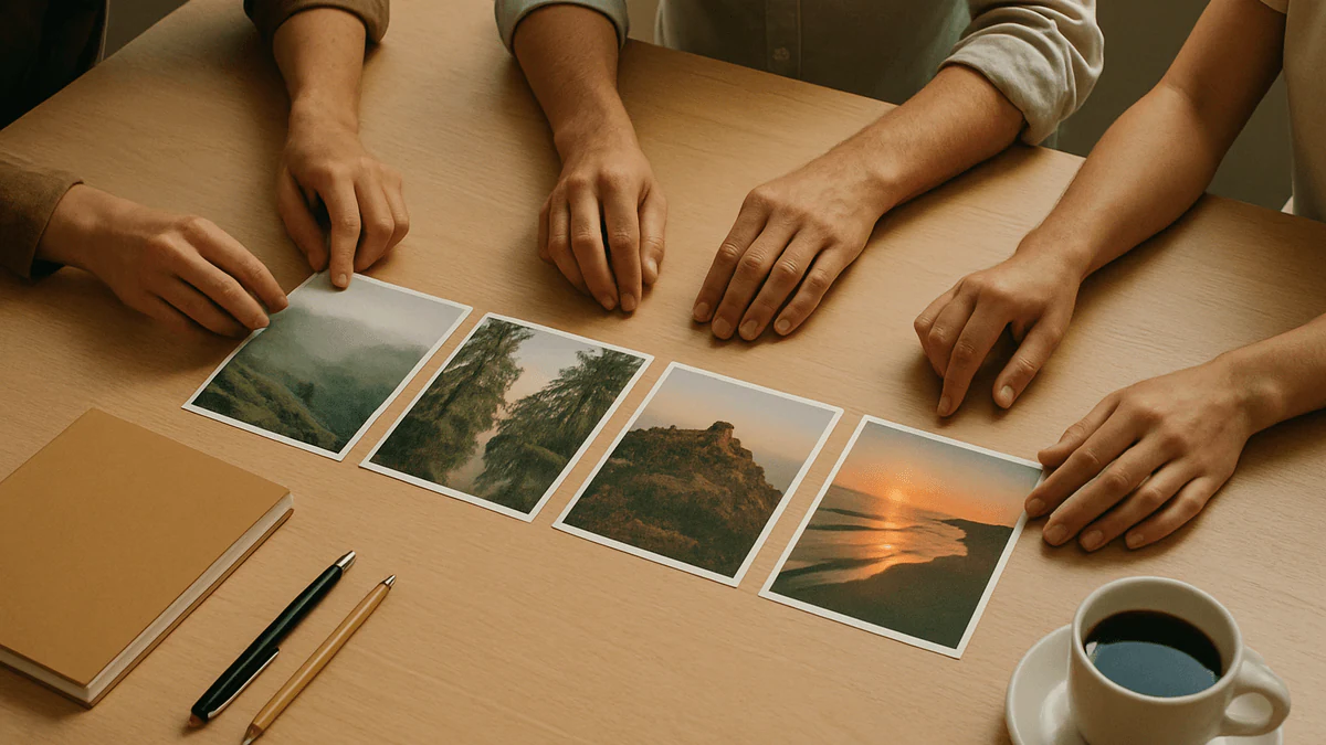 A tour operator’s team arranging printed destination photographs of tea plantations, backwaters, a hill fort and a beach in a row on a meeting table, planning the days of a tour itinerary