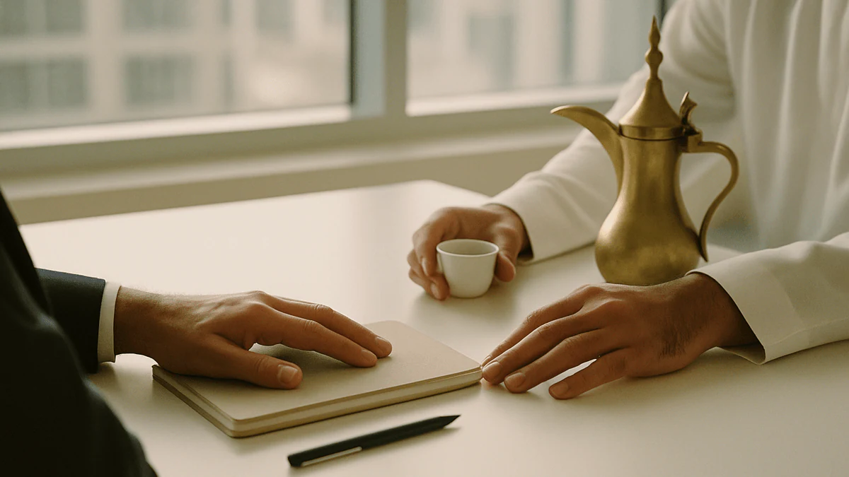 Two people at a white meeting table in a Dubai office, one hand resting on a closed notebook beside a pen, the other holding a small cup of Arabic coffee next to a brass dallah