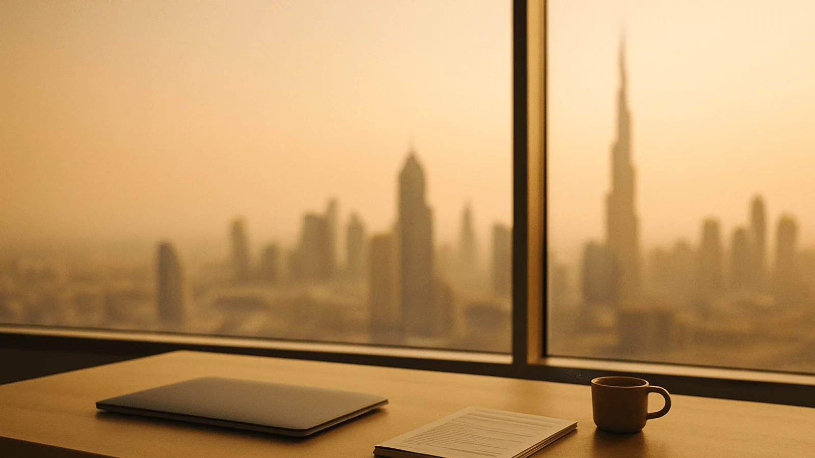 A quiet travel agency desk high in a Dubai tower at golden hour, with a closed laptop, printed itineraries and the Burj Khalifa in the hazy skyline behind