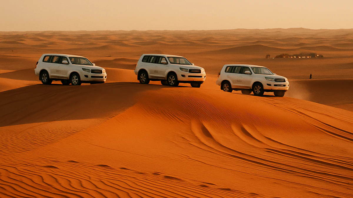Three white 4x4 vehicles on the crest of red-gold dunes in late-afternoon light, with a desert camp in the distance