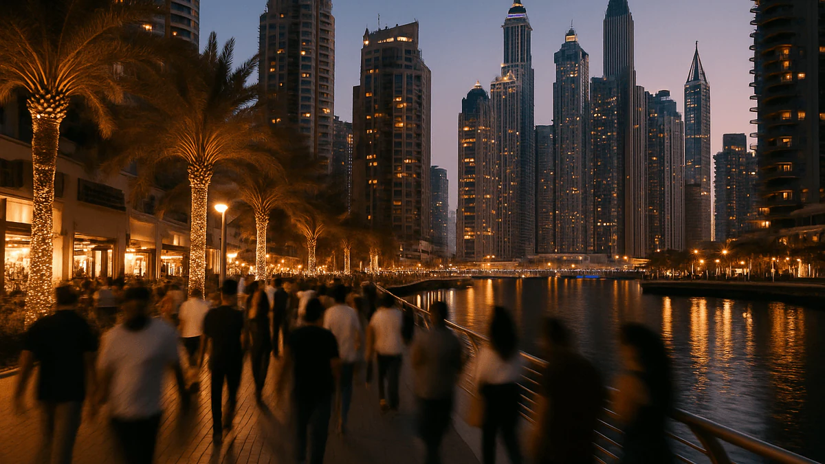 The Dubai Marina promenade at dusk, lit towers and palm trees reflected in the water, with passers-by blurred in motion