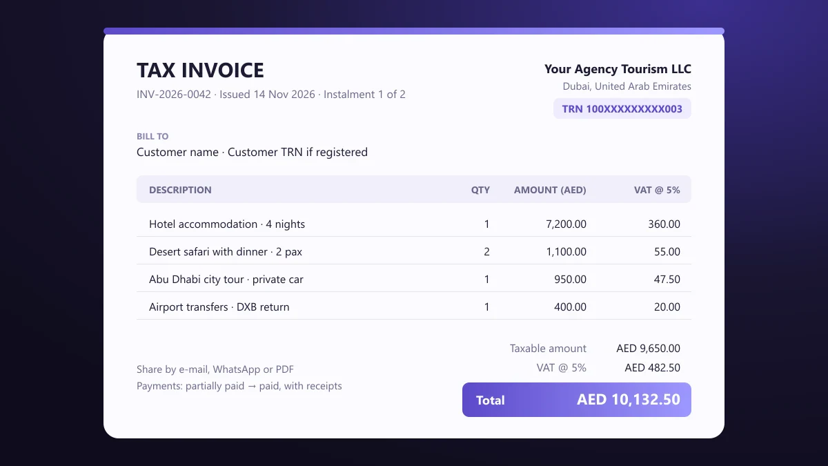 An example UAE tax invoice in AED for a Dubai agency, showing the agency’s TRN, hotel, desert safari, city tour and transfer lines with VAT at 5% on each, and a total of AED 10,132.50 for the first of two instalments