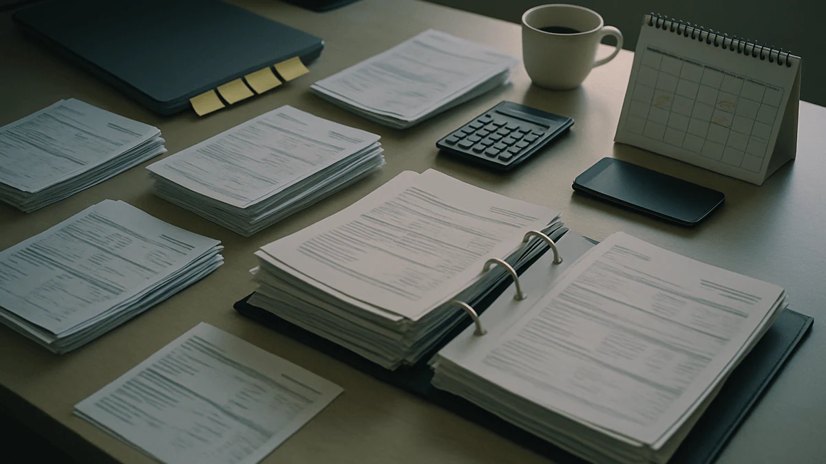 A travel agency operations desk covered in printed booking confirmations, hotel vouchers, a bulging ring binder, sticky notes and a desk calendar, showing travel bookings managed on paper
