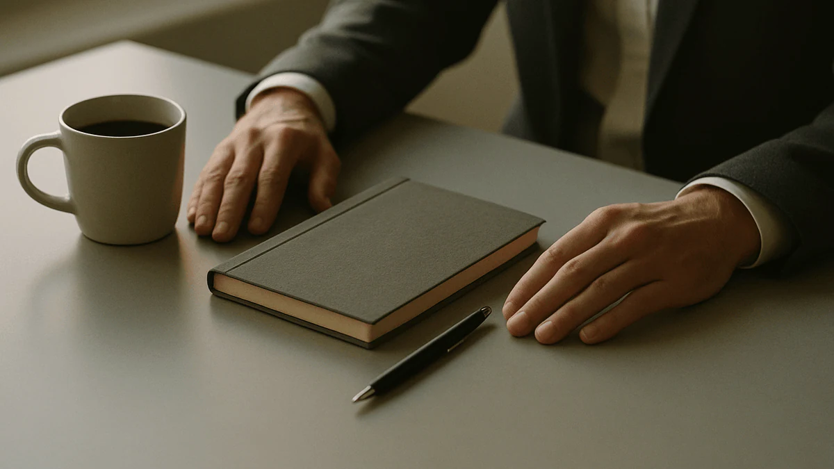 Hands resting beside a closed notebook and pen on a clean desk, suggesting a considered software decision