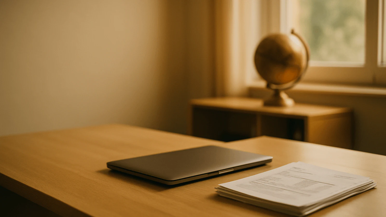A travel agency desk in warm afternoon light with a closed laptop, printed itineraries and a globe — the workspace travel CRM software is built to organise