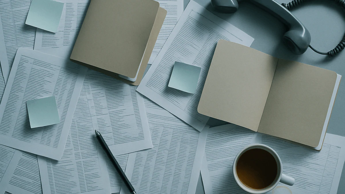 An overloaded travel agency desk seen from above — scattered printed pages, sticky notes, open folders and a phone off its cradle