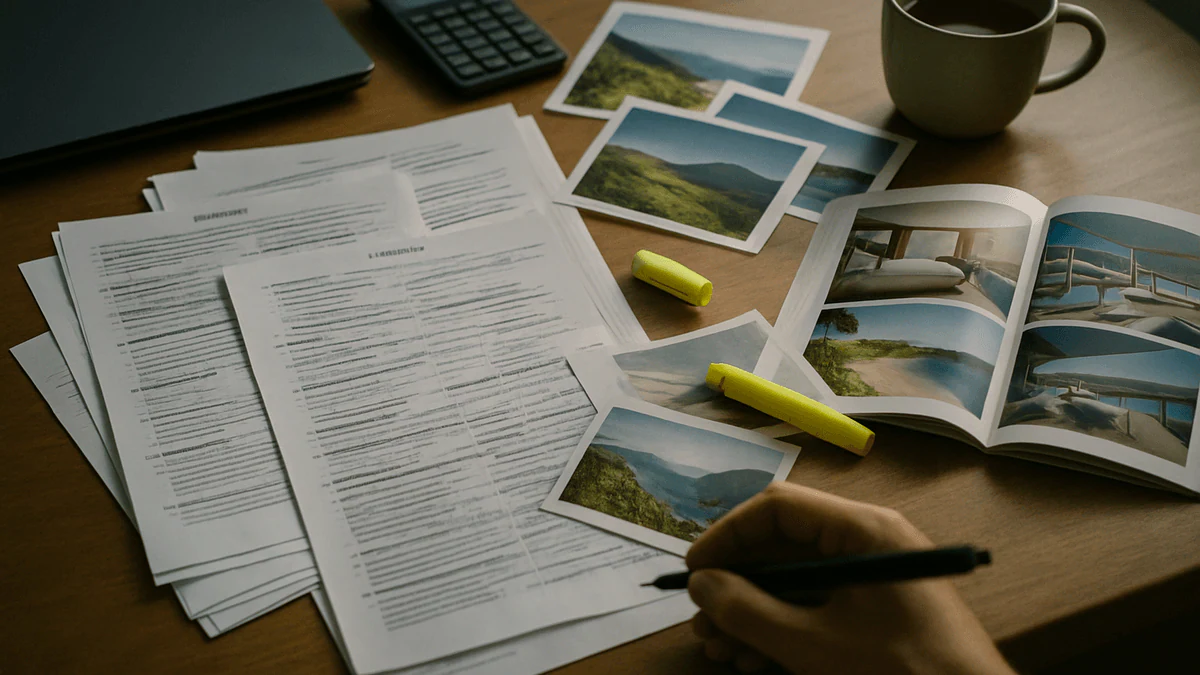 A travel consultant’s desk covered in printed itinerary drafts with crossed-out lines, hotel brochures, a highlighter and a calculator, showing a travel itinerary built by hand