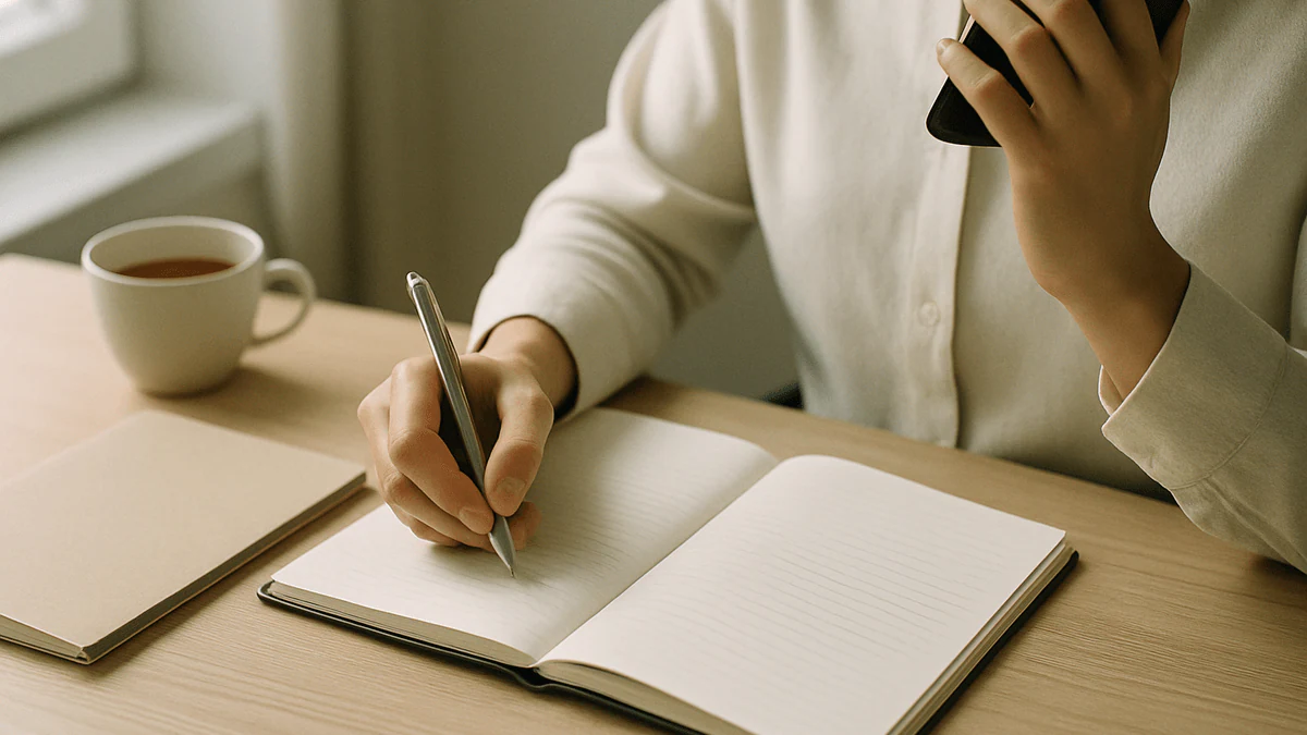 A travel consultant on a follow-up call with a customer, writing notes in a notebook at a tidy desk in soft daylight