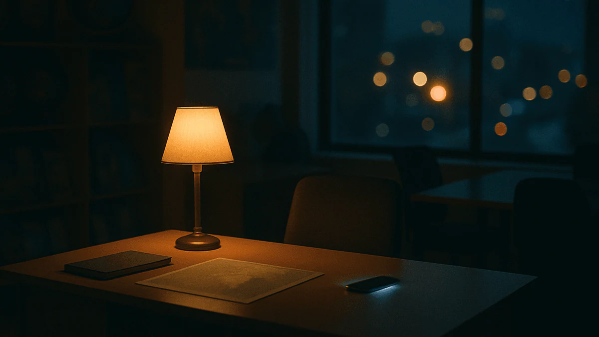 An empty travel agency office at night with a single desk lamp on and a phone glowing face down on the desk, a travel enquiry arriving with nobody there to answer it