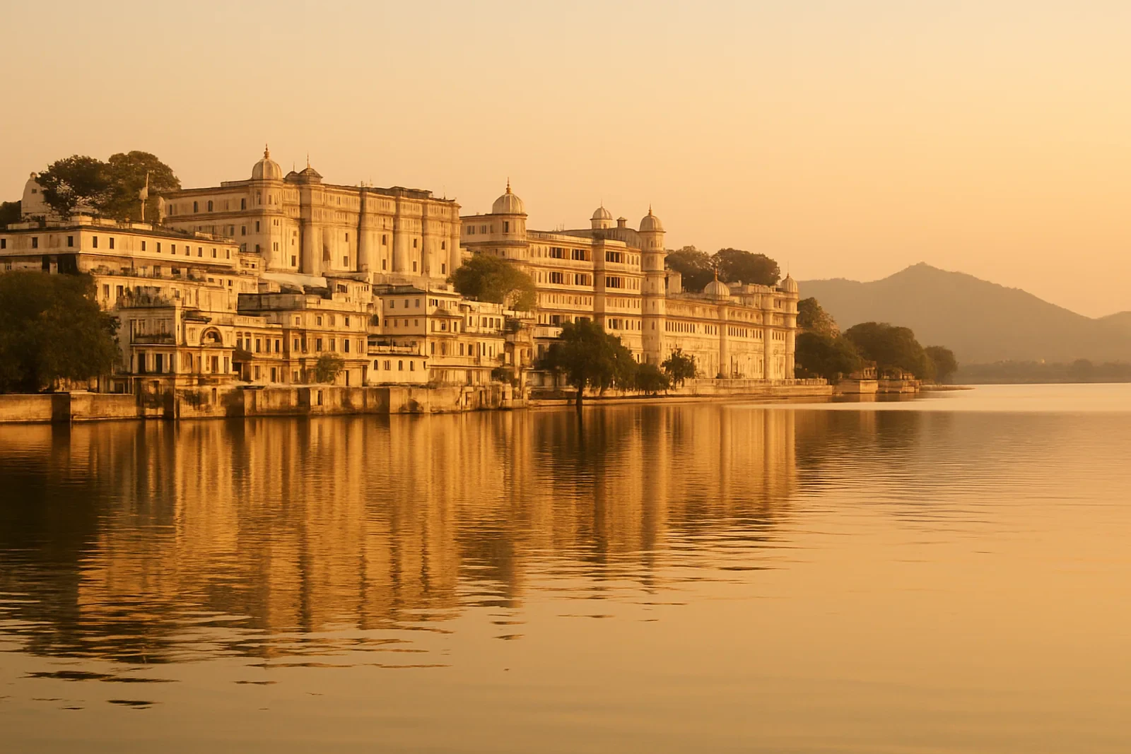 The City Palace, Udaipur, on Lake Pichola at sunset