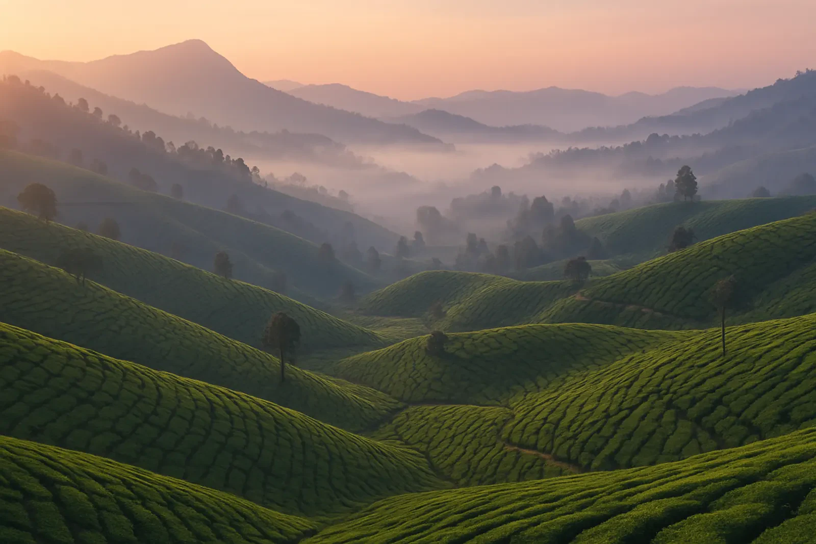 Misty tea plantations of Munnar, Kerala at sunrise
