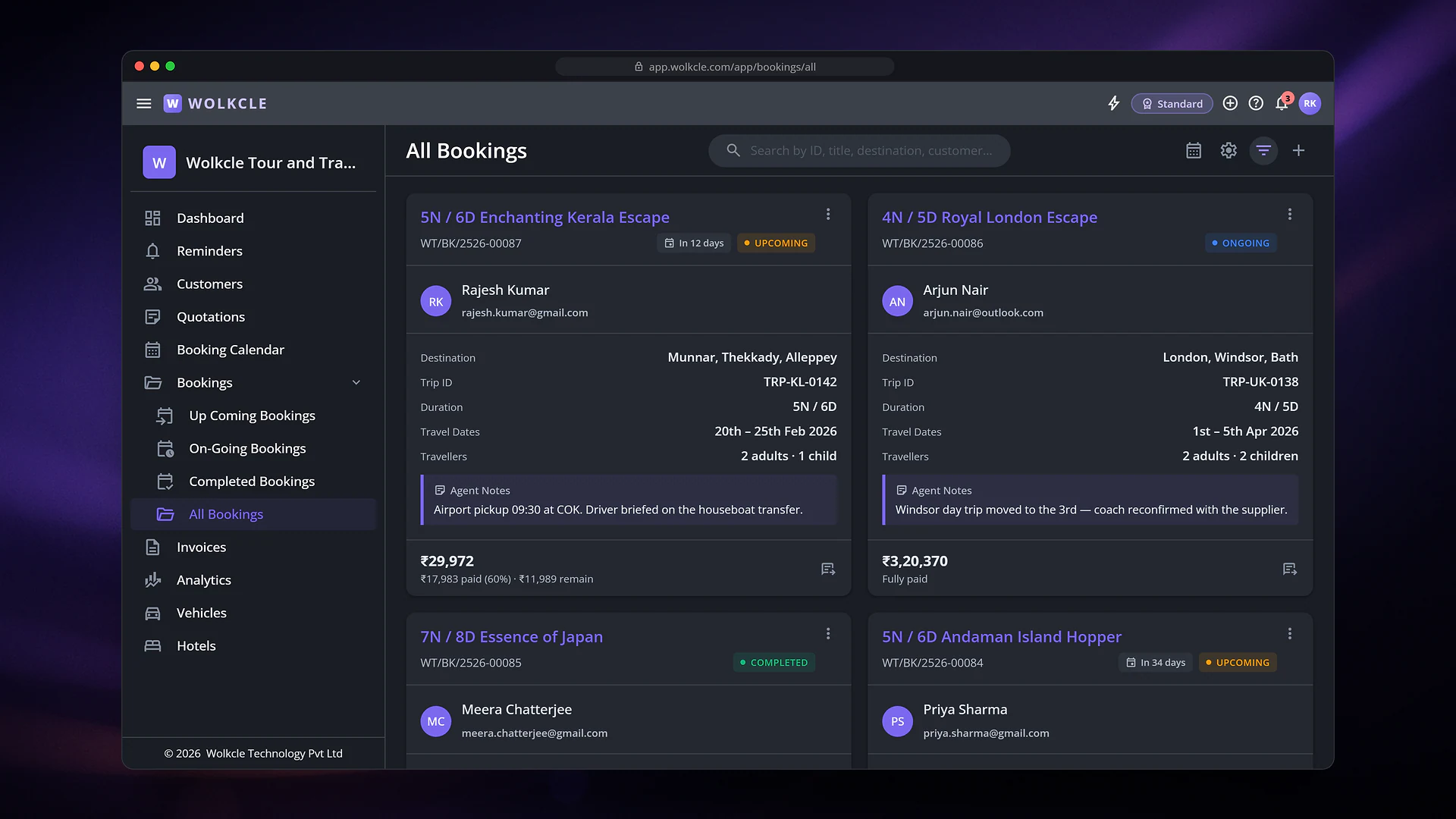 Wolkcle bookings list showing trip IDs, destinations, travel dates, traveller counts, amounts paid and remaining, and upcoming, ongoing and completed statuses