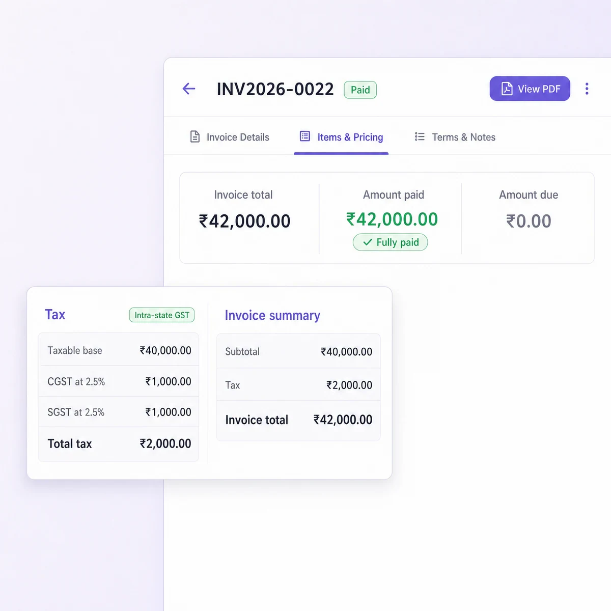 Wolkcle invoice INV2026-0022, fully paid: taxable base ₹40,000.00 with CGST and SGST at 2.5% each, total tax ₹2,000.00 and an invoice total of ₹42,000.00